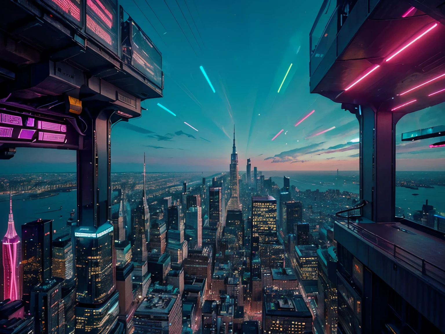 Erstellen Sie ein Bild einer geschäftigen futuristischen Stadtlandschaft, gekennzeichnet durch elegante Wolkenkratzer, die mit leuchtenden Neonlichtern geschmückt sind. Fliegende Fahrzeuge sausen über die Köpfe hinweg, während holografische Werbung die Straßen darunter erhellt. Die Stadt pulsiert vor Energie, Präsentation fortschrittlicher Technologie und einer dynamischen städtischen Umgebung.