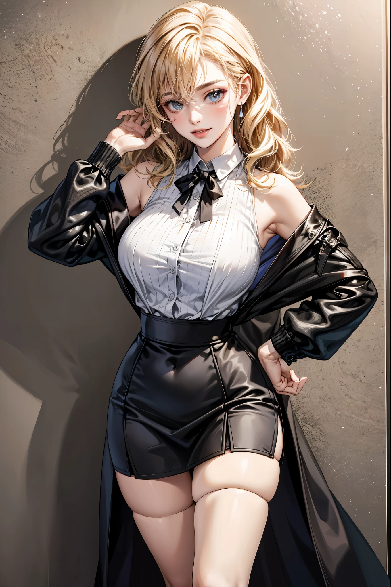 realistic, High resolution, soft light,1girl, apple hip, glowing skin, (detailed face),tattoo, jewelry, Secretarial Uniform, white shirt, black skirt, black stockings, garter belt, night, blonde hair, wavy hair, looking at viewer, sexy smile, fine skin, breast cleavage, nipple, full body shot, leaning on wall, big breast, thin waist, short torso long leg