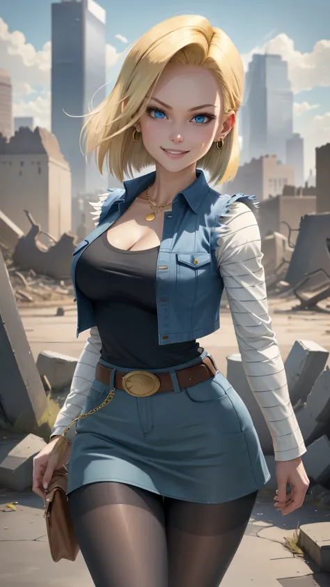 best quality, high-res, and18, 1girl, android 18, solo, blonde hair, blue eyes, belt, tight blue demin skirt, gold necklace, bla...