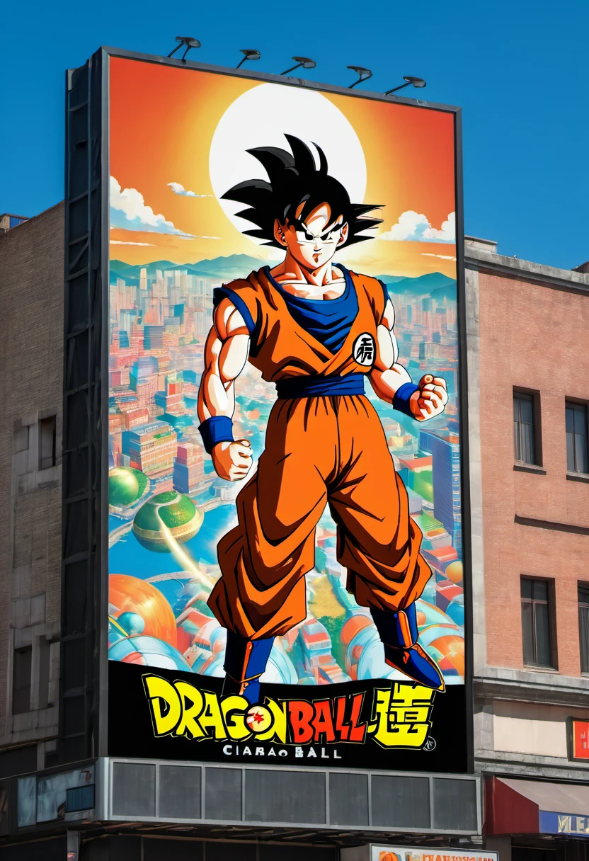 (best quality,4k,8k,highres,masterpiece:1.2),ultra-detailed,on the billboard in the city's cinema, a large poster of the movie with the name "Dragon Ball", in the background a crowd of people on the streets of a city, (art deco), 70's,