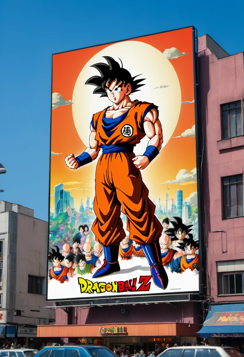 (best quality,4k,8k,highres,masterpiece:1.2),ultra-detailed,on the billboard in the city's cinema, a large poster of the movie with the name "Dragon Ball", in the background a crowd of people on the streets of a city, (art deco), 70's,