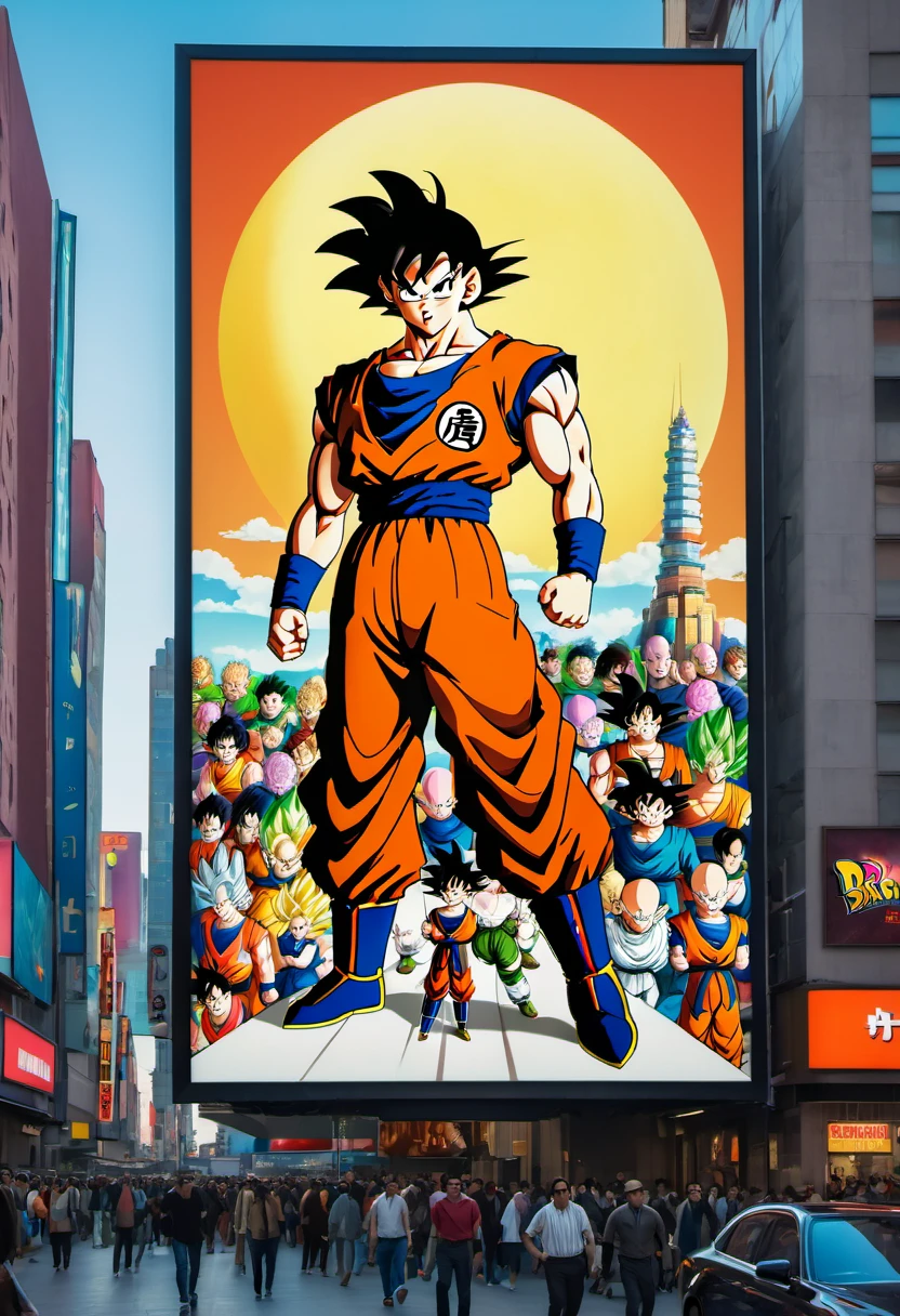 (best quality,4k,8k,highres,masterpiece:1.2),ultra-detailed,on the billboard in the city's cinema, a large poster of the movie with the name "Dragon Ball", in the background a crowd of people on the streets of a city, (art deco), 70's,