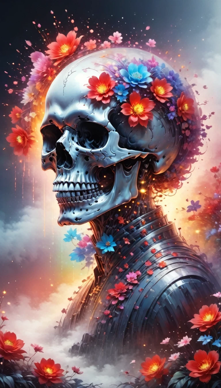 pixelated style,(Glows red,cross shaped glow,blooming flowers)),interstellar fog background,polished,((silver skull)),light composition,rainbow,rainbow around the skull,Full of energy,Illustrations of various structural force effects,Brilliant circular composition,alone,get portrait，magical decorative elements, Brilliant decorative combination,