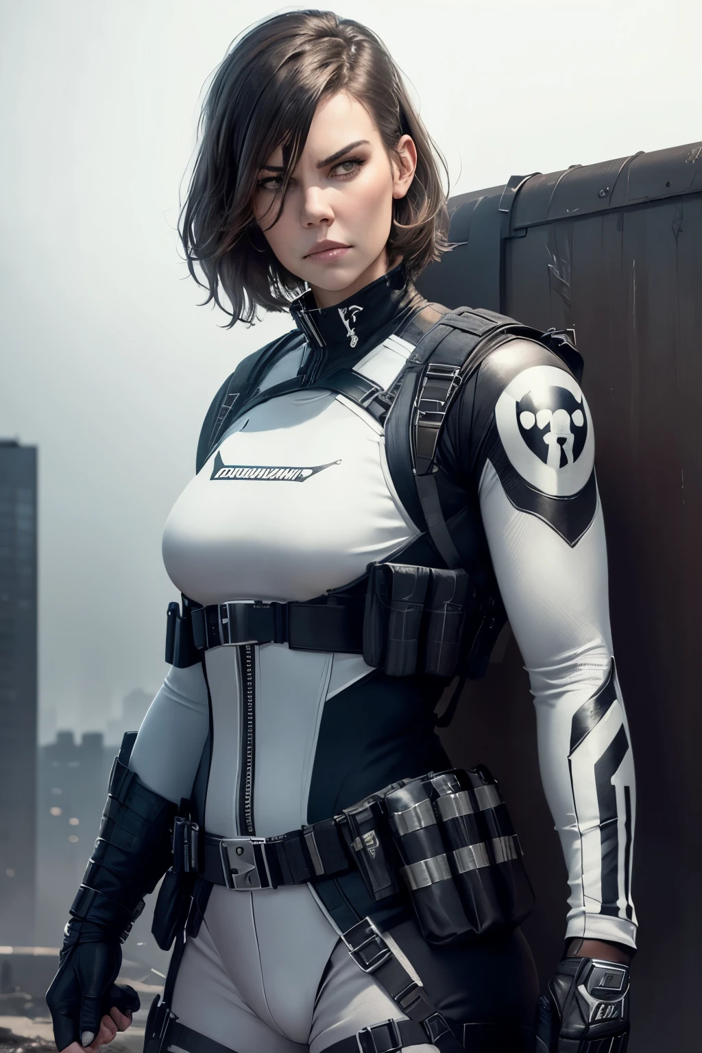 realistic,  Lauren Cohan as Punisher, Punisher outfit, female Bulletproof vest, white Punisher logo on bulletproof vest, dark photo, dark outfit, dangerous and sexy, dark scenery and background, imersive background,  raw photo, 8k, very detailed,
