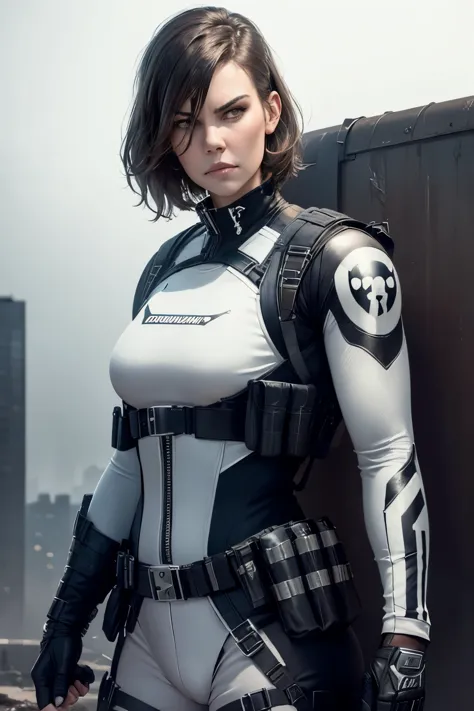 realistic,  Lauren Cohan as Punisher, Punisher outfit, female Bulletproof vest, white Punisher logo on bulletproof vest, dark ph...