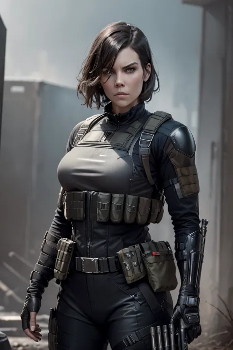 realistic, sci-fi, fantasy, Lauren Cohan as Punisher, Punisher outfit, female Bulletproof vest, gray and worn Punisher logo on b...
