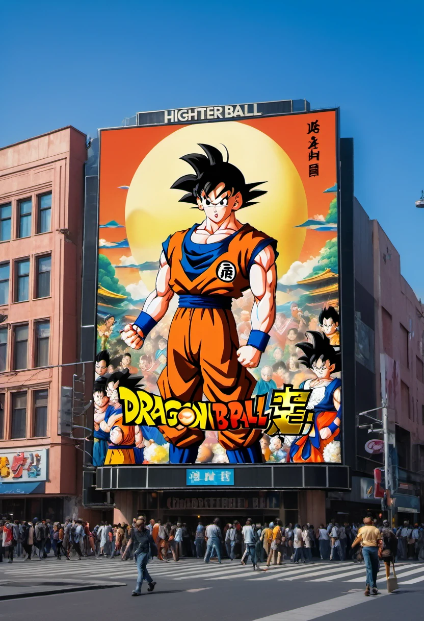 (best quality,4k,8k,highres,masterpiece:1.2),ultra-detailed,on the billboard in the city's cinema, a large poster of the movie with the name "Dragon Ball", in the background a crowd of people on the streets of a city, (art deco), 70's,