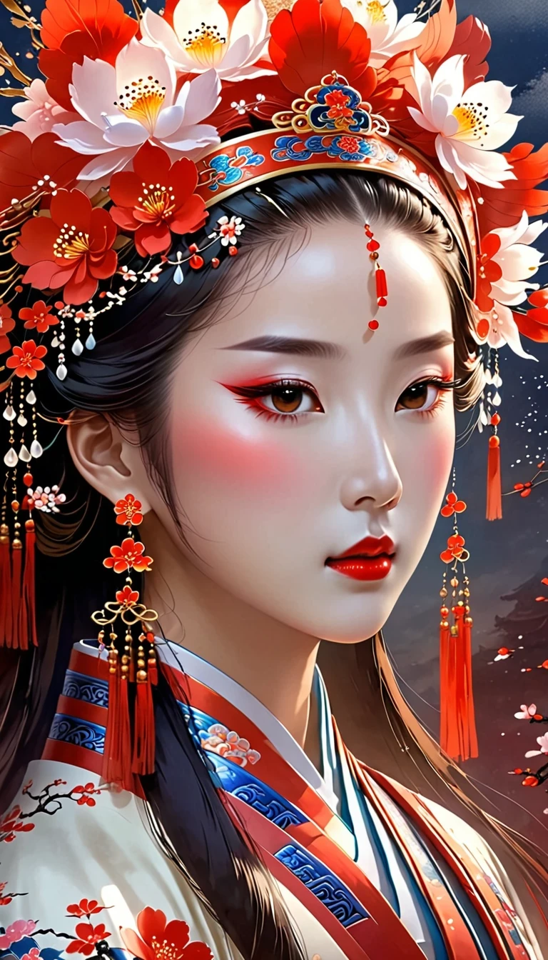 (masterpiece, best quality:1.2),，Nuwa holds the sacred stone，Fix the big hole in the sky。Her body is painted red，Symbolizes her courage and strength。Her hair and clothes are white，Symbolizing her purity and holiness。around her，is a dark sky，Symbolizes disaster and danger。Nuwa’s sacred stone shines brightly，Illuminates the whole picture，Symbolizes hope and redemption。 Close-up of woman wearing floral headdress, palace ， girl wearing hanfu, beautiful fantasy queen, ancient chinese princess, ((beautiful fantasy queen)), chinese princess, queen of china, beautiful figure painting, Gurwitz style artwork, A beautiful artistic illustration, guweiz, Beautiful digital art work, Beautiful digital illustration