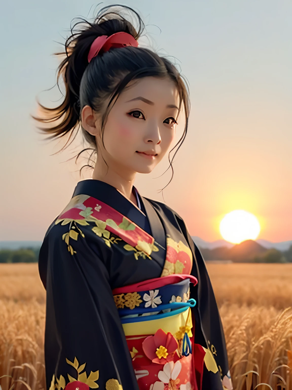 A girl in a kimono standing waist-deep in a wheat field, black kimono with gold trim, her hair is tied in a ponytail, yellow eyes, The setting sun is reflected in her eyes, the light falls on her face, Semi-sideways facing the camera