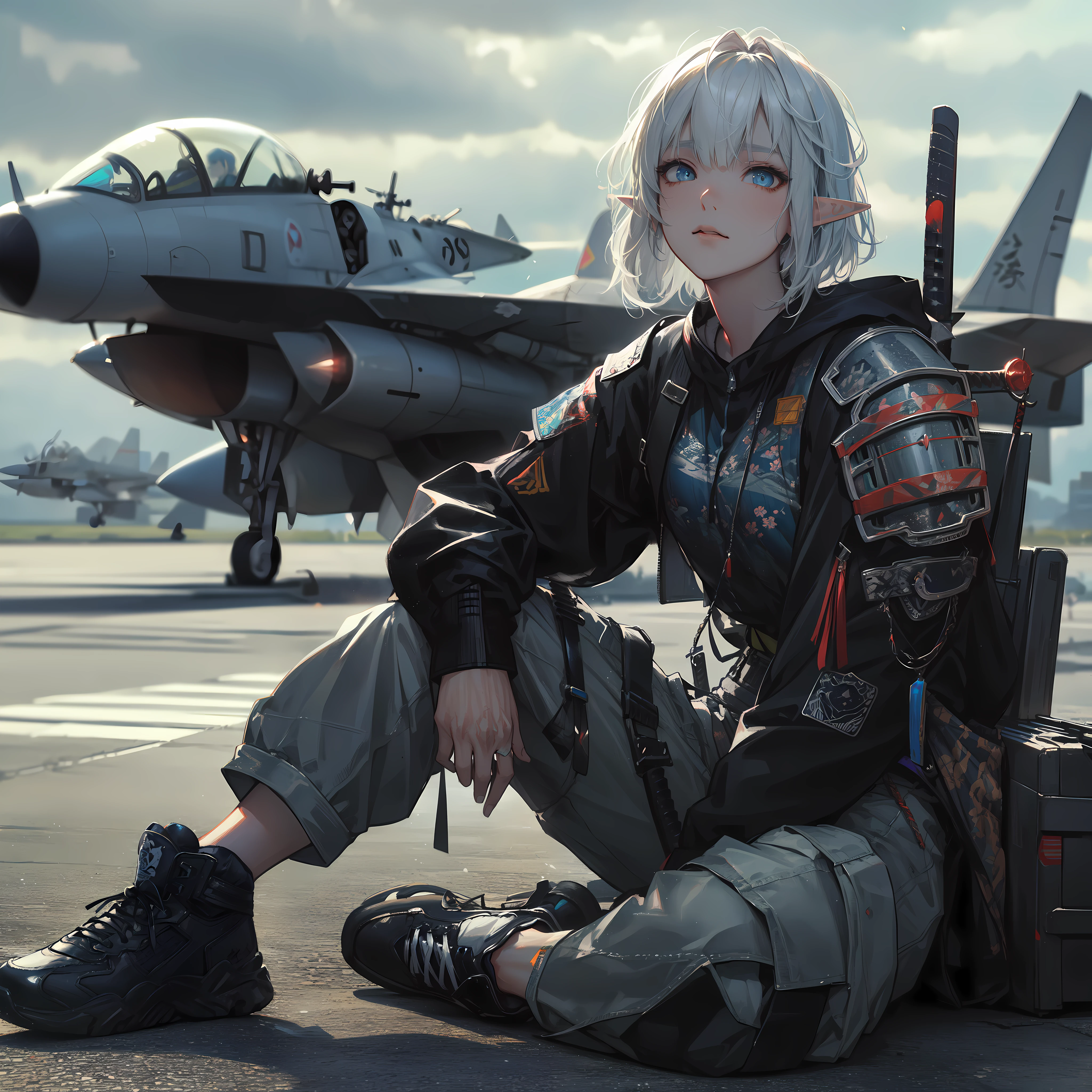 portrait of (elf) samurai woman, asymmetrical bangs, short hair, white hair, blue eyes, (streetwear with samurai armor:1.4), (cargo pants:1.3), (Sneakers), sitting on the runway of an airbase, style by Yoji Shinkawa, Artgerm, Mikimoto Haruhiko. with a fighter jet parked in the style of Katsushika Hokusai. full body, dynamic pose, perfect anatomy, cell shading, 8k, cinematic dramatic atmosphere, watercolor painting, fluid and sharp focus, Fantasy,Cinematic Lighting.