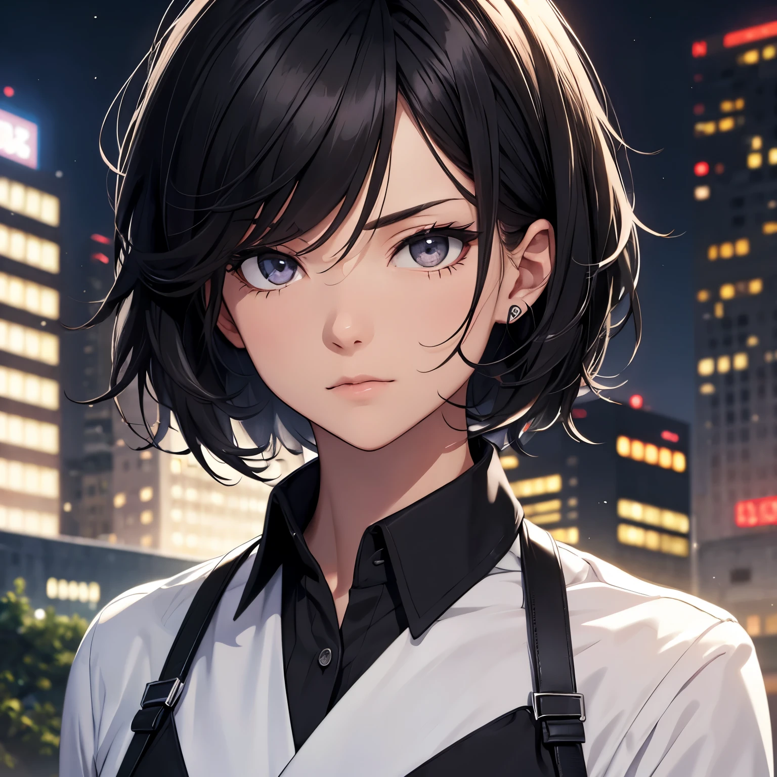 Chica anime con cabello negro y camisa blanca en la ciudad por la noche. -  SeaArt AI