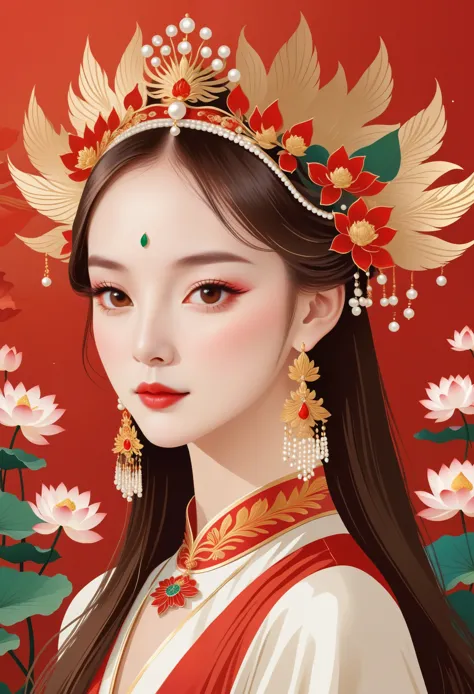 flat，vector，meticulous painting，simple lines，beautiful girl，portrait，phoenix crown，fringed tiara，pearl crown，red， lotus leaf bac...