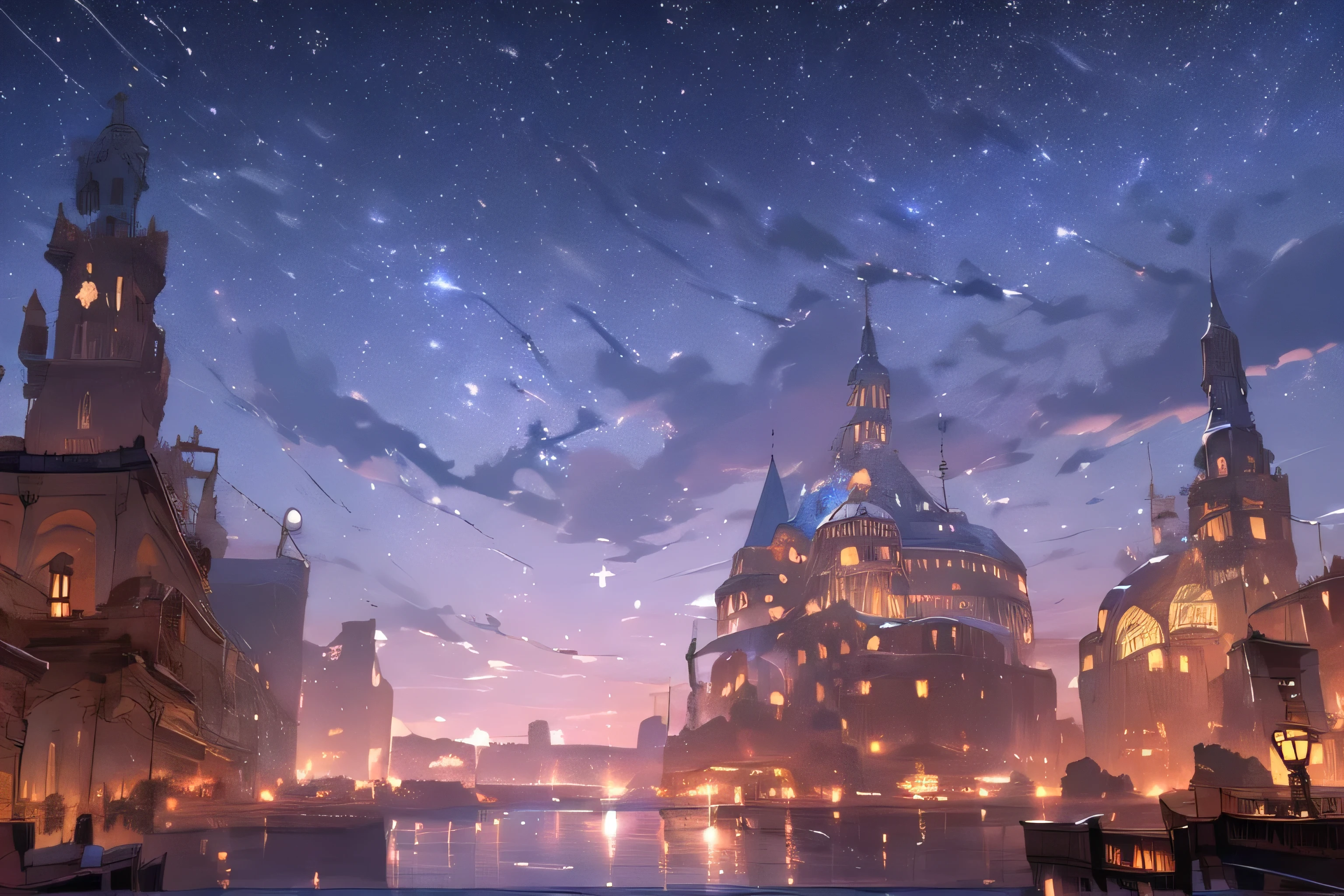 (masterpiece:1.2), best quality,PIXIV,Night scene,
scenery, sky, cloud, no humans, night, star (sky), outdoors, tower, building, fantasy, starry sky, night sky, water, cloudy sky, world of sword & magic
 