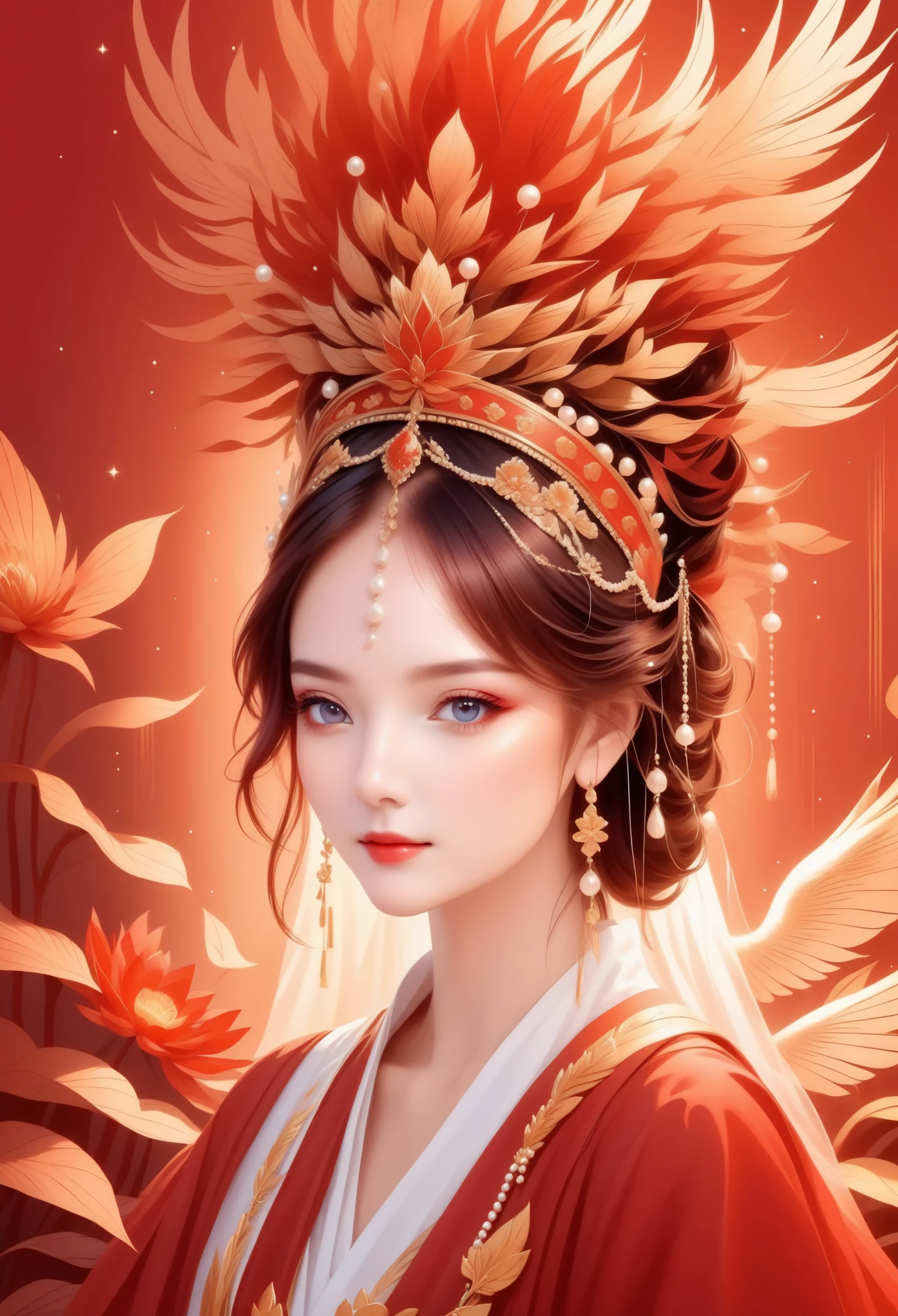 flat，Vector，meticulous painting，simple lines，beautiful girl，portrait，phoenix crown，fringed tiara，Pearl crown，red， Lotus leaf background
