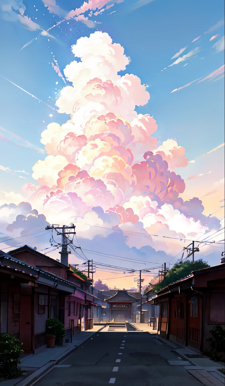 Animierte Szene mit vorbeifahrendem Zug unter rosa und violettem Himmel, Animation gezeichnet von Makoto Shinkai, Aktuelle Themen auf pixiv, Magischer Realismus, schöne Anime-Szene, universum himmel. by Xin Haicheng, ( ( Xin Haicheng ) ), by Xin Haicheng, Anime-Hintergrundkunst, Stil von Xin Haicheng