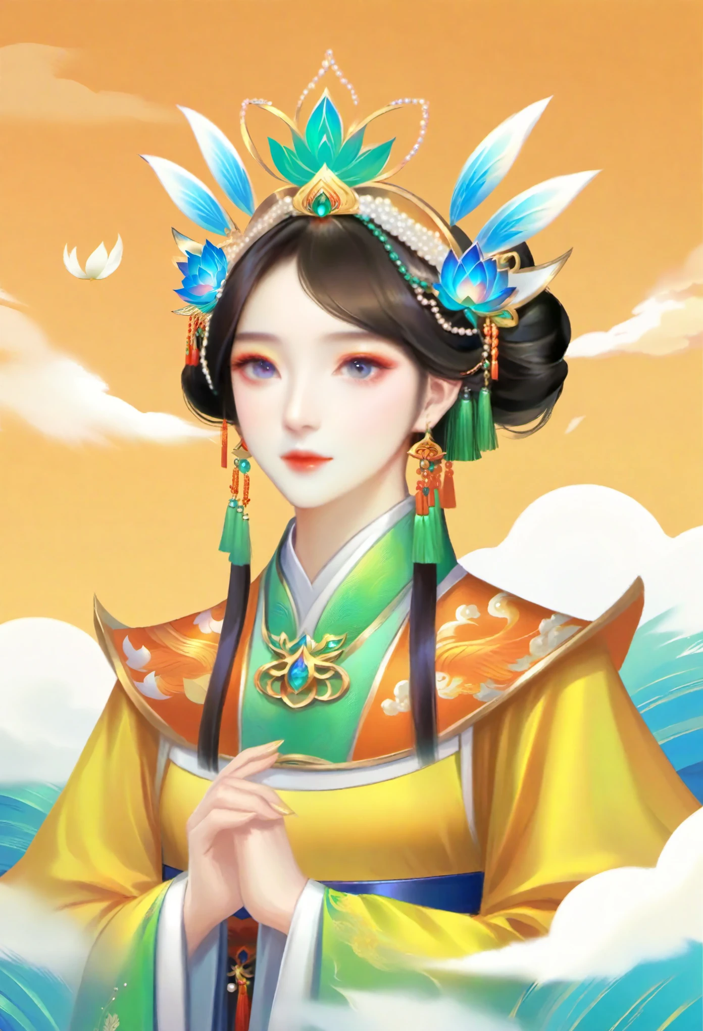 flat，Vector，meticulous painting，simple lines，beautiful girl，portrait，phoenix crown，fringed tiara，黄金phoenix crown，pearl头冠，Hanfu，cloud shoulder，pearl， Lotus leaf background
