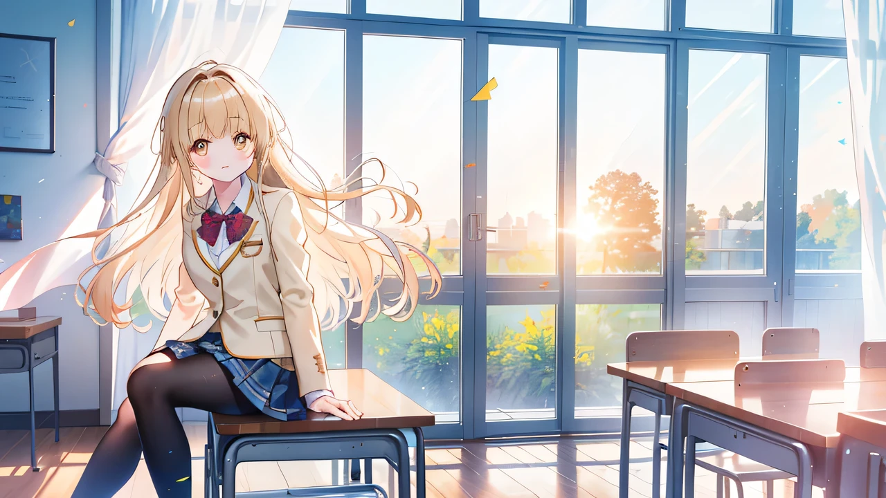 1girl,solo,sunlight from window behind,classroom,sitting on chair,lower camera,crossing leg,cute,looking at viewer,mahiru shiina,blazer,(best quality,4k,8k,highres,masterpiece:1.2),ultra-detailed,(realistic,photorealistic,photo-realistic:1.37),portrait,vivid colors,soft lighting