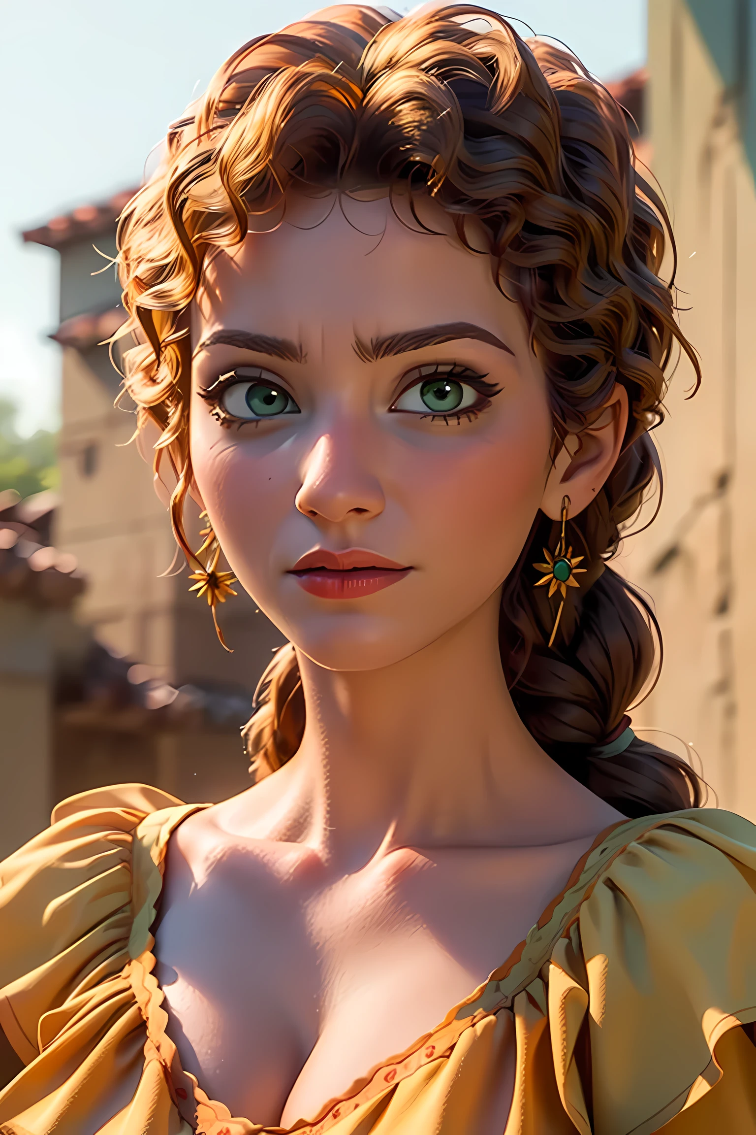 (masterpiece, realistic:1.3), (high quality, detailed:1.2), (huge breasts:1.1), (musuclar female:0.8), (upper body, portrait, blank background:1.1), pepa madrigal, green eyes, long hair, single braid, (yellow dress, cleavage)