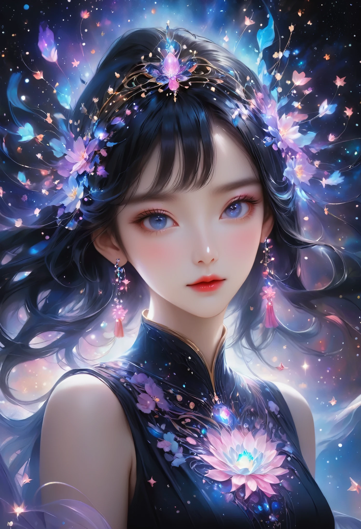 Incredibly detailed, high resolution, best quality, masterpiece: 1.2, actual, delicate eyes, Detailed lips, 极其delicate eyes和脸部, long eyelashes,black hair color hair，black dress portrait, painting, universe, welcome, particle, halo, bioluminescence: 0.95, a vibrant, rich and colorful, luminescent, complicated成分, light, complicated, Symmetrical: 0.5, surreal.