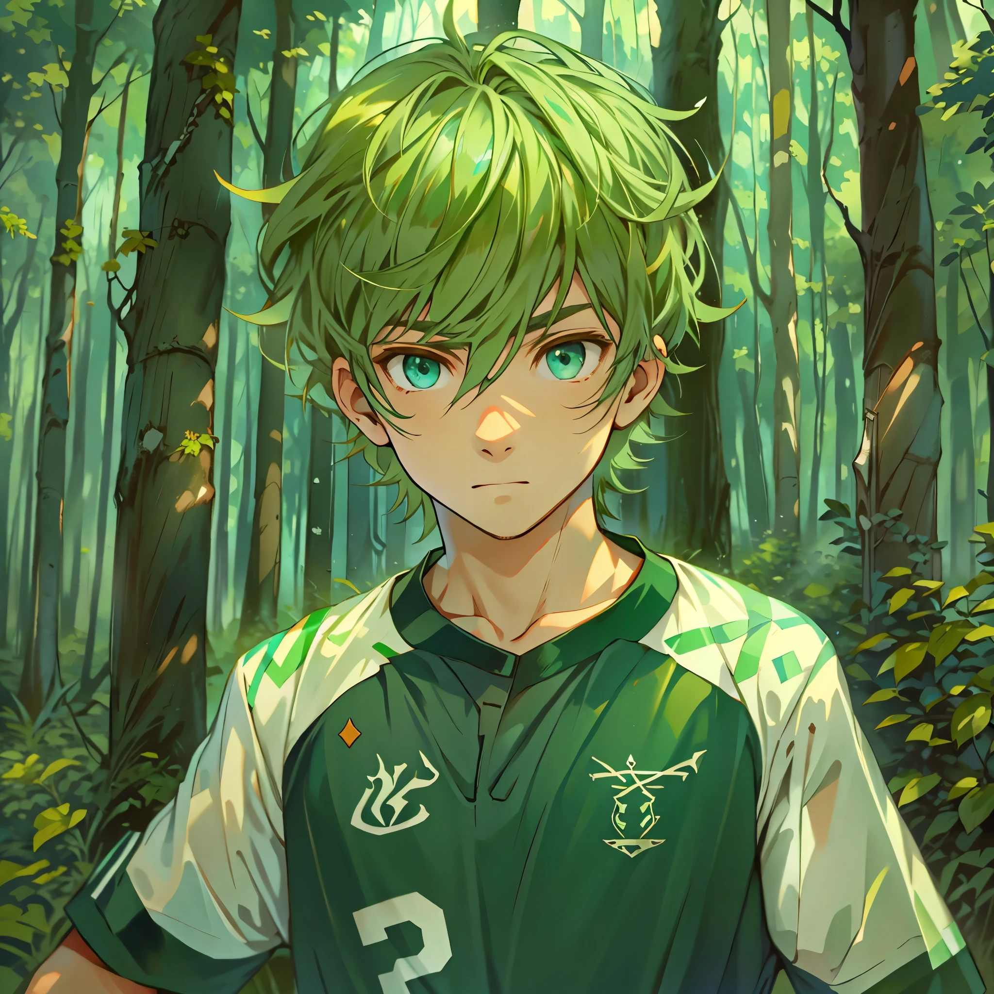 1boy, masculino, soccer uniform , green eyes , inside the forest, wild, forest