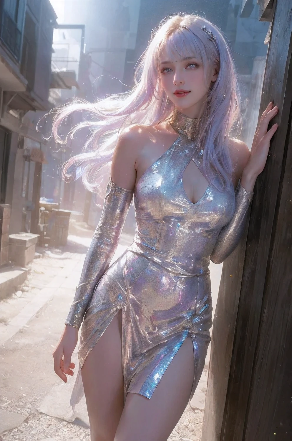best quality, masterpiece, ultra high resolution, (lifelike:1.4), original photo, Aesthetics and atmosphere, dark shot, film grain, soft focus, Bokeh, Night shooting, masterpiece realistic volumetric light,,1 girl, purple eyes, white hair, curls, giggle, (freckle:0.8), thigh, medium breasts, Upper body, (Glittering:1.3) CNS sequined long dress, Ray traced reflections, desert street, path, city lights, incredible sky, leaning against wall, from the side,