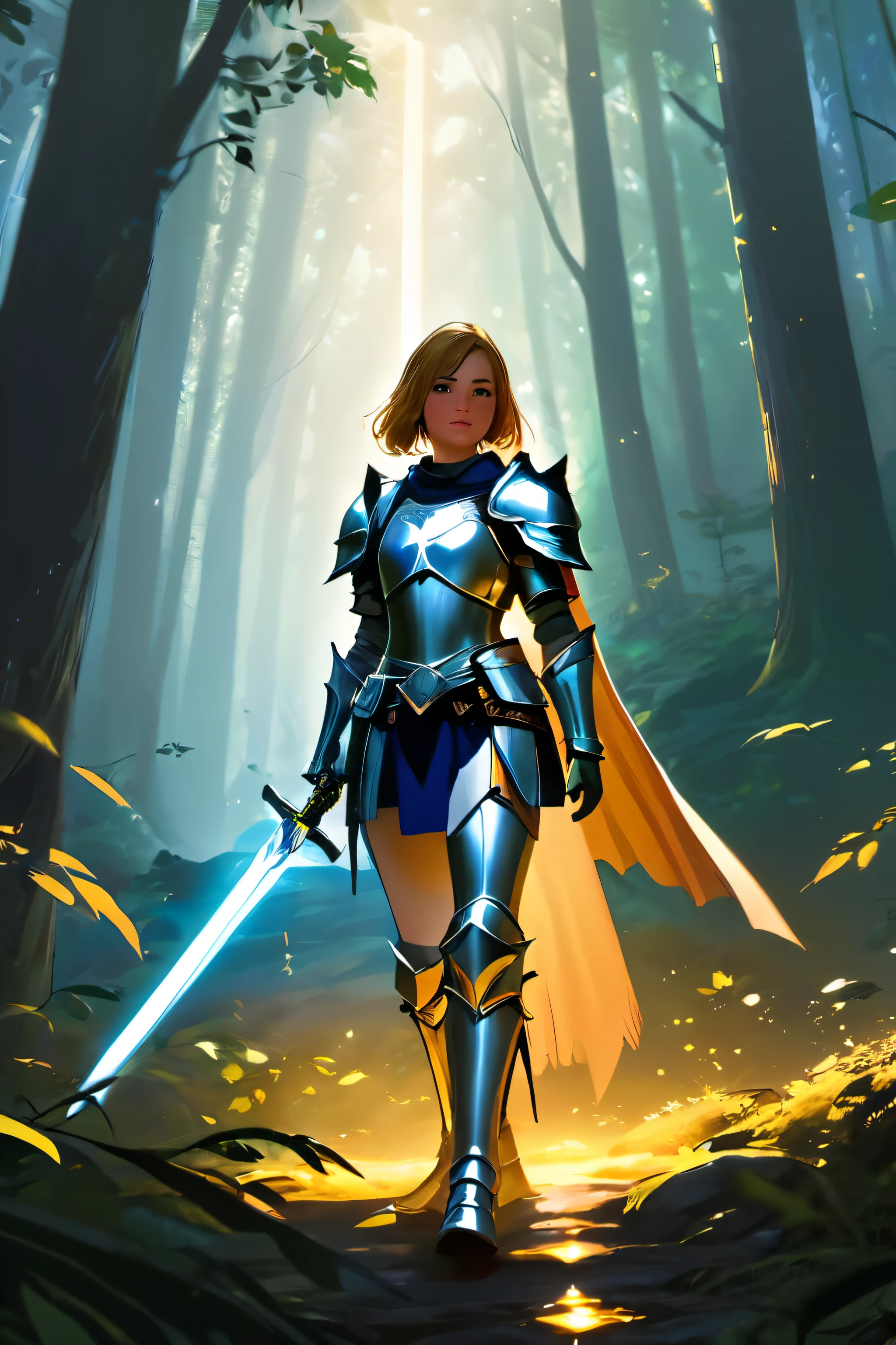 Young 15 years old girl paladin in shining armor, holding a glowing sword, standing in a mystical forest setting, fantasy, highly detailed digital art, realistic style, dynamic lighting, cinematic composition, character design by Steve Argyle and Kekai Kotaki, 4k resolution cowboy shot