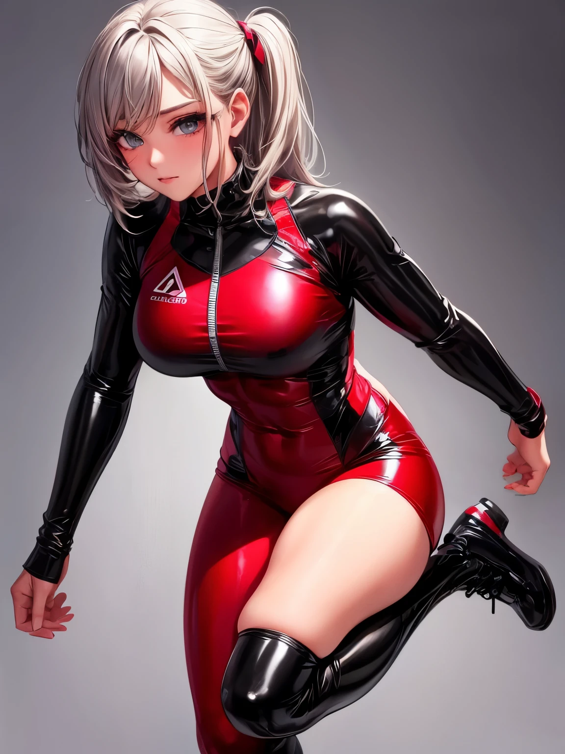 high detail, Full body, wearing (tight shirt:1.2), beautiful detailed face, hazel eyes, (attractive fitness woman:1.3), (seductive:1.1), (blushing:1.1), hourglass body shape, complete shiny aerobic black and red latex bodysuit, big round breasts