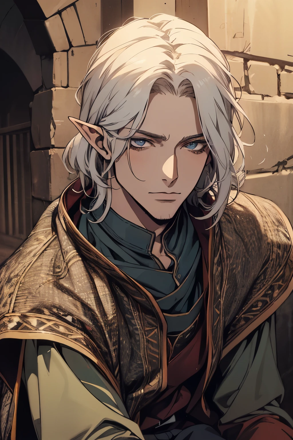 (excellent quality), (high resolution), (absurdreasterpiece) ((man)), (male), half elf, white hair, disheveled hair, ((shirt, pants)), character looking at the camera, (detailed face), ((medieval)), ((bang)), (((simple clothes))), portrait, small eyes