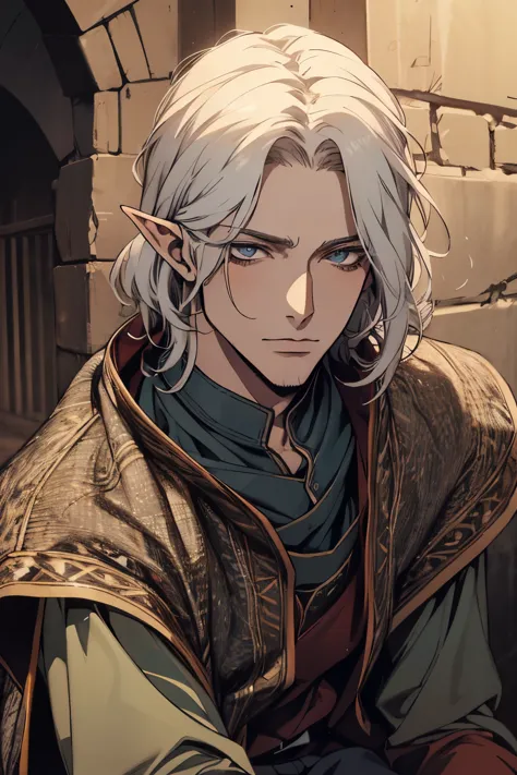 (excellent quality), (high resolution), (absurdreasterpiece) ((man)), (male), half elf, white hair, disheveled hair, ((shirt, pa...