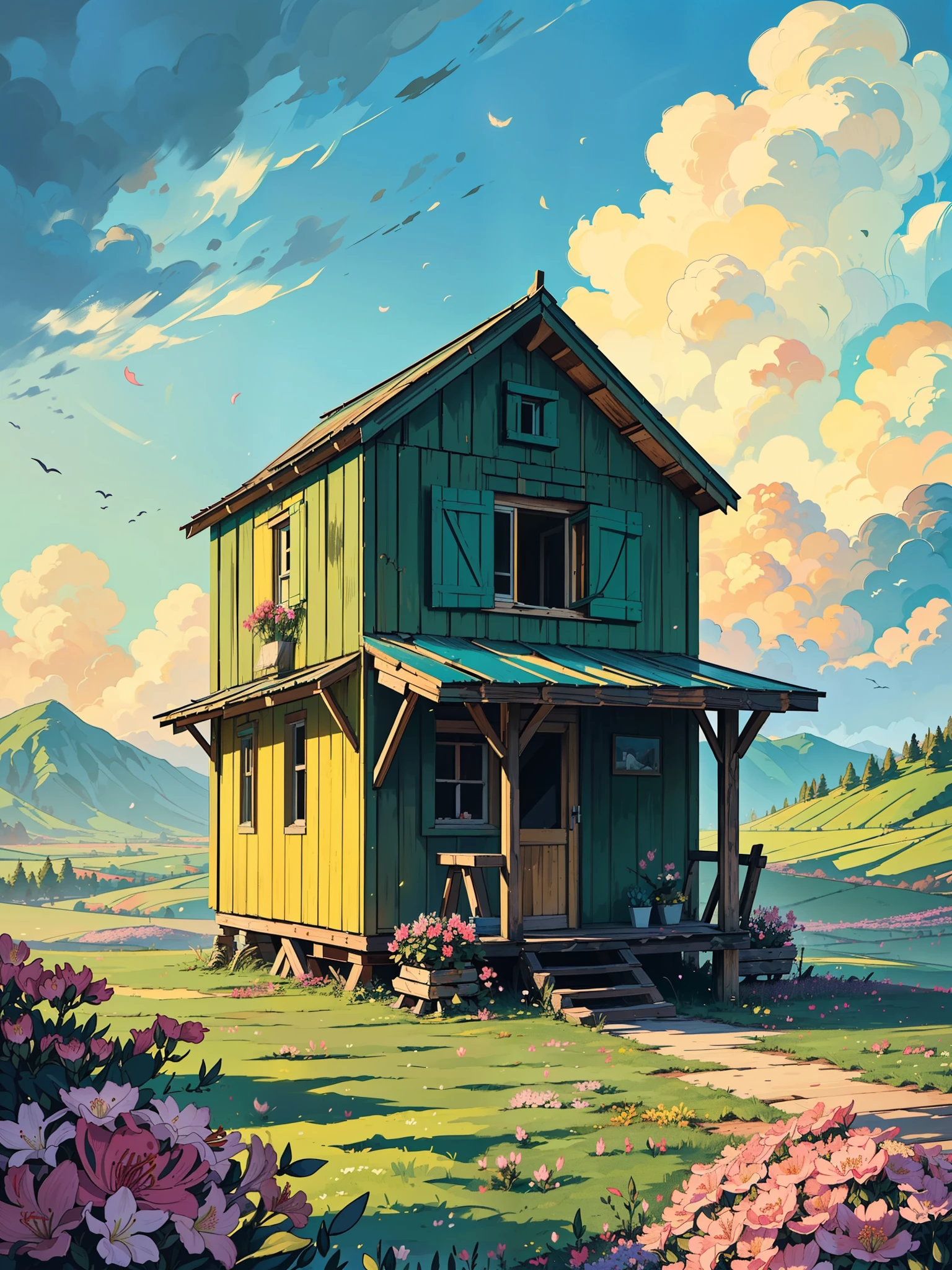 (masterpiece:1), (full wide view:1.5), (a beautiful old wooden abandoned hut:1.6), (lo-fi environment:1.3), (valley of flowers:1.5), (movie scene:1.3), silence, (cloudy sky:1.4), (soft dull glow of green and yellow tones:1.4), magnificent sky, (Dim volumetric light:1.2), peaceful, (Azalea flowers in foreground:1.4), (nature:1.3), (uphill grasslands:1.3), (untouched beautiful nature:1.4), (beautiful aesthetics:1.2), (windy environment:1.4), beautiful tones, subtle colors, peaceful, (illustration: 1.0), epic composition, realistic lighting, (no human:1.6), HD details, masterpiece, best quality, ,