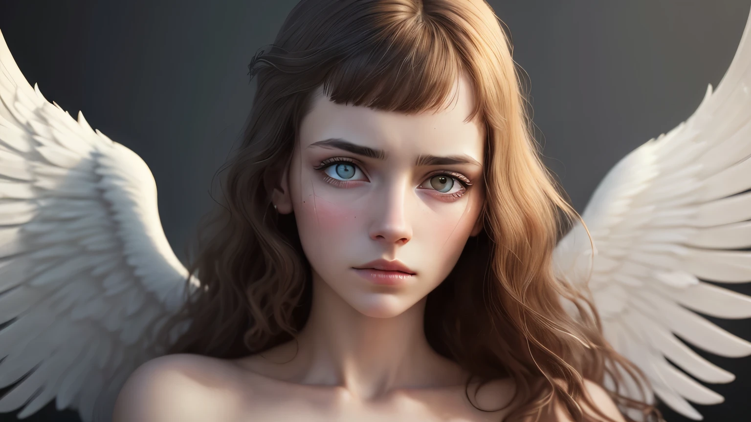 (highres,ultra-detailed,realistic:1.2),portrait,masterpiece,pensive expression,beautiful detailed eyes,angel wings,soft lighting,ethereal atmosphere,dreamy color palette,fine brushwork,delicate lingerie,floating feathers,subtle beauty