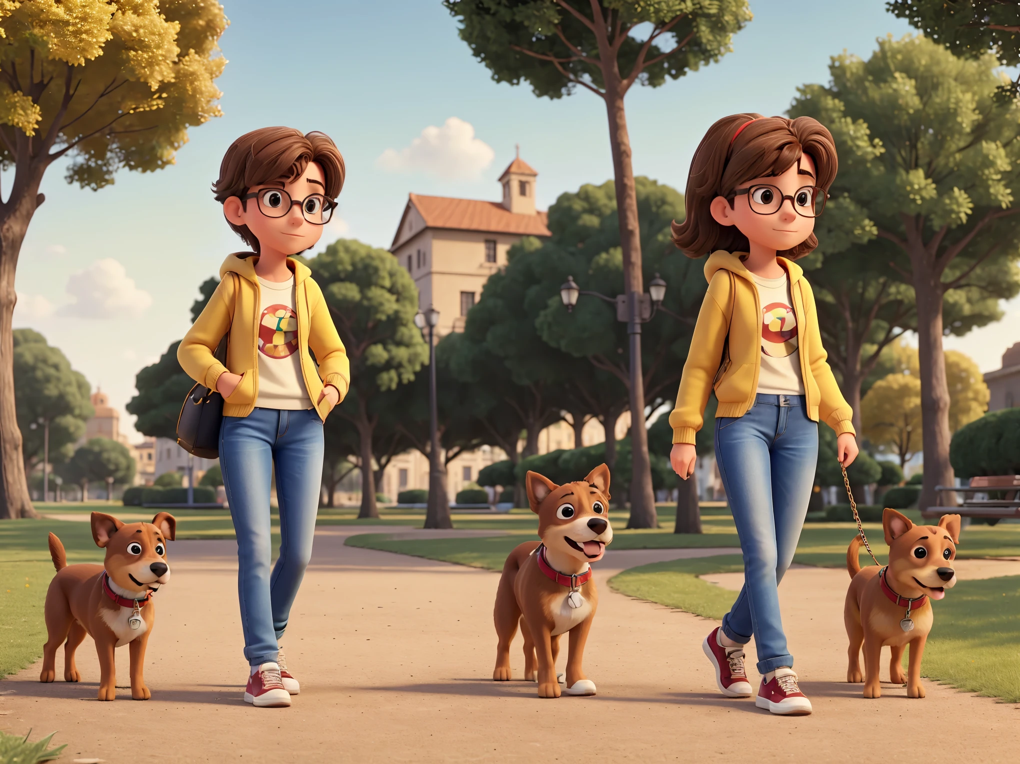 An 18 year old Italian student with brown hair, square glasses, nice. in a yellow sweatshirt and jeans and gym shoes she walks alone in a park with her Jack Russell dog