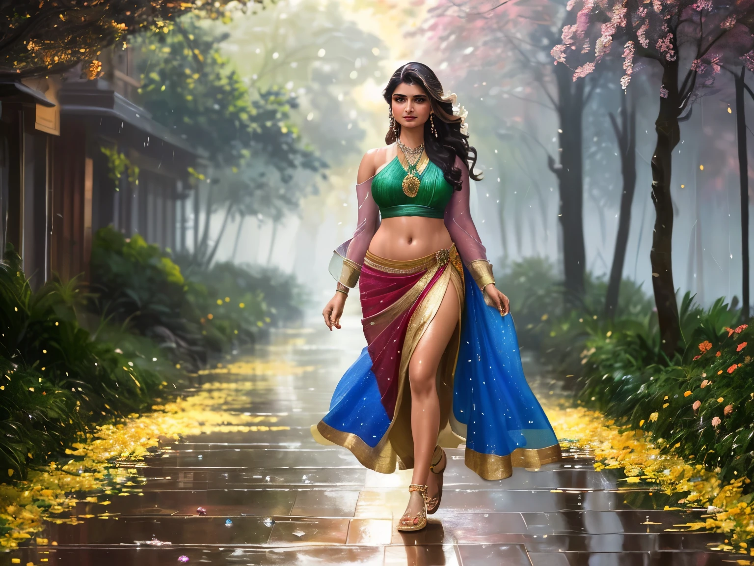 (fotografía de obra maestra impresionista que representa un primer plano) de una seductora y sexy fashionista india con curvas ([Prachi Desai| sonali bendre]), caminando por una calle mojada en un día lluvioso, (usando piedras preciosas, cuerpo cubierto de piedras preciosas:1.4),  ombligo, cabello ondulado castaño largo mojado con reflejos, piel húmeda y brillante, vivaz, mirada lujuriosa, regocijado, reflexiones en la calle (hermosos ojos detallados:1.1) , (expresión apasionada:1.2) intensa iluminación dramática, verdor cayendo, árboles arbustos y flores bokeh, retroiluminado, rayos de luz, muy detallado, tendencia en artstation, salpicaduras de pintura, color rico, hojas cayendo & flores por todas partes, Retrato abstracto, por Atey Ghailan