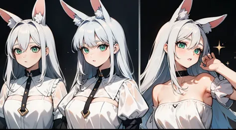 ((Masterpiece, Highest quality)), ((Tsurime)),Detailed face, character sheets, full bodyesbian, 1girls,shoun，children's，Babe，green eyes, White hair, varied hairstyles, hair between eye, Black loose blouse, Full of details, poses and expressions, Highly det...