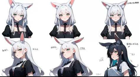 (Masterpiece, Highest quality)), ((Tsurime)),Detailed face, character sheets, full bodyesbian, 1girls,shoun，children's，Babe，green eyes, White hair, varied hairstyles, hair between eye, Black loose blouse, Full of details, poses and expressions, Highly deta...