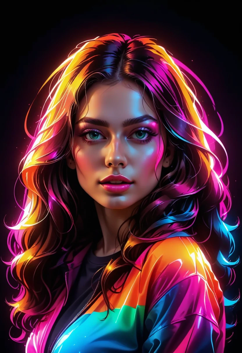 graphic design, pretty girl with long hair, wrapped in colorful flexible neon lights, T shirt design,TshirtDesignAF, realistic design, HD, 8K