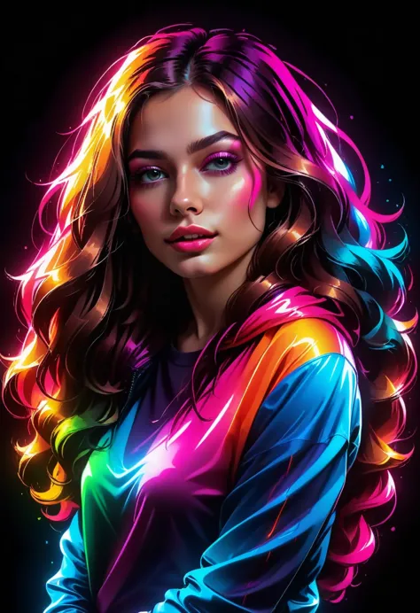 graphic design, pretty girl with long hair, wrapped in colorful flexible neon lights, t shirt design,tshirtdesignaf, realistic d...