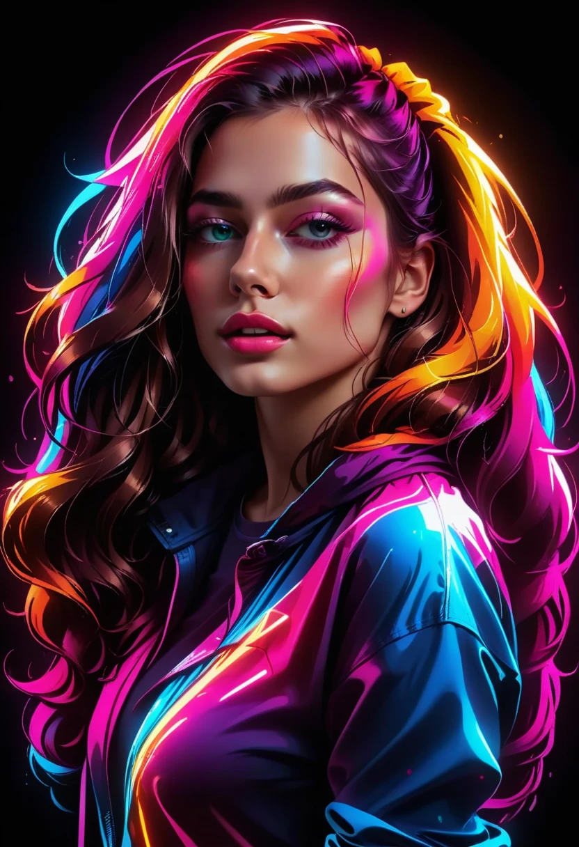 그래픽 디자인, 긴 머리를 가진 예쁜 소녀, 다채롭고 유연한 네온 불빛에 둘러싸여, 티셔츠 디자인,티셔츠디자인AF, 현실적인 디자인, HD, 8K