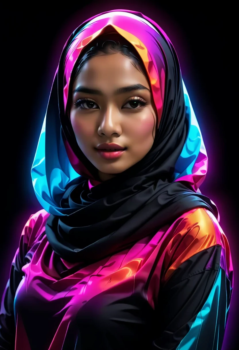 Diseño gráfico, Bonita chica indonesia usando un hijab., envuelto en coloridas luces de neón flexibles, diseño de camiseta,CamisetaDiseñoAF, Diseño realista, alta definición, 8k