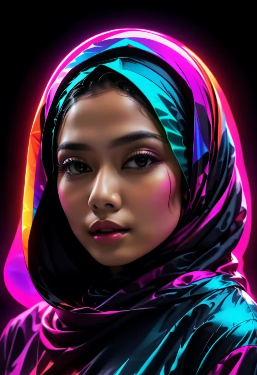 graphic design, pretty indonesian girl wearing a hijab, wrapped in colorful flexible neon lights, T shirt design,TshirtDesignAF, realistic design, HD, 8K