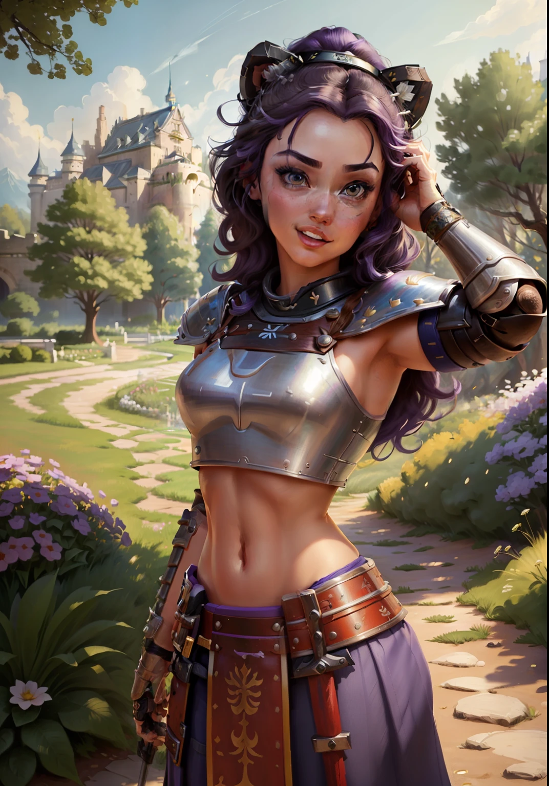 (BelleWaifu:1), (knight's armor:0.3), the garden in the background, surprised, cute, cute pose, (flirting), looking at the viewer, (square hairstyle), (purple hair), (metal knight crop top on naked body in the style of samurai:1.3), :D, (realistic: 1), (cartoon), (masterpiece: 1.2), (best quality), (over-detailed), (8k, 4k, intricate), (full-length shot: 1), (cowboy shot: 1.2), (85mm), light particles, lighting, (very detailed: 1.2), (detailed face: 1), (gradients), sfw, colorful, (detailed eyes: 1.2), (detailed landscape, trees, garden, castle:1.2),(detailed background), detailed landscape, (dynamic angle:1.2), (dynamic pose:1.2), (rule third_composition:1.3), (line of action:1.2), wide view, daylight, solo
