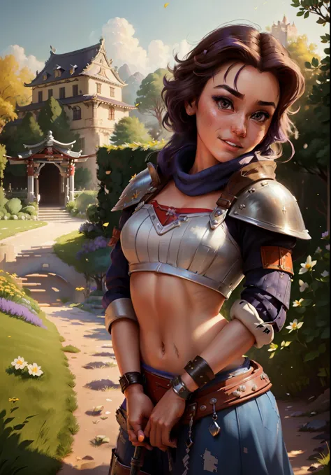 (BelleWaifu:1), (knight's armor:0.3), the garden in the background, surprised, cute, cute pose, (flirting), looking at the viewe...