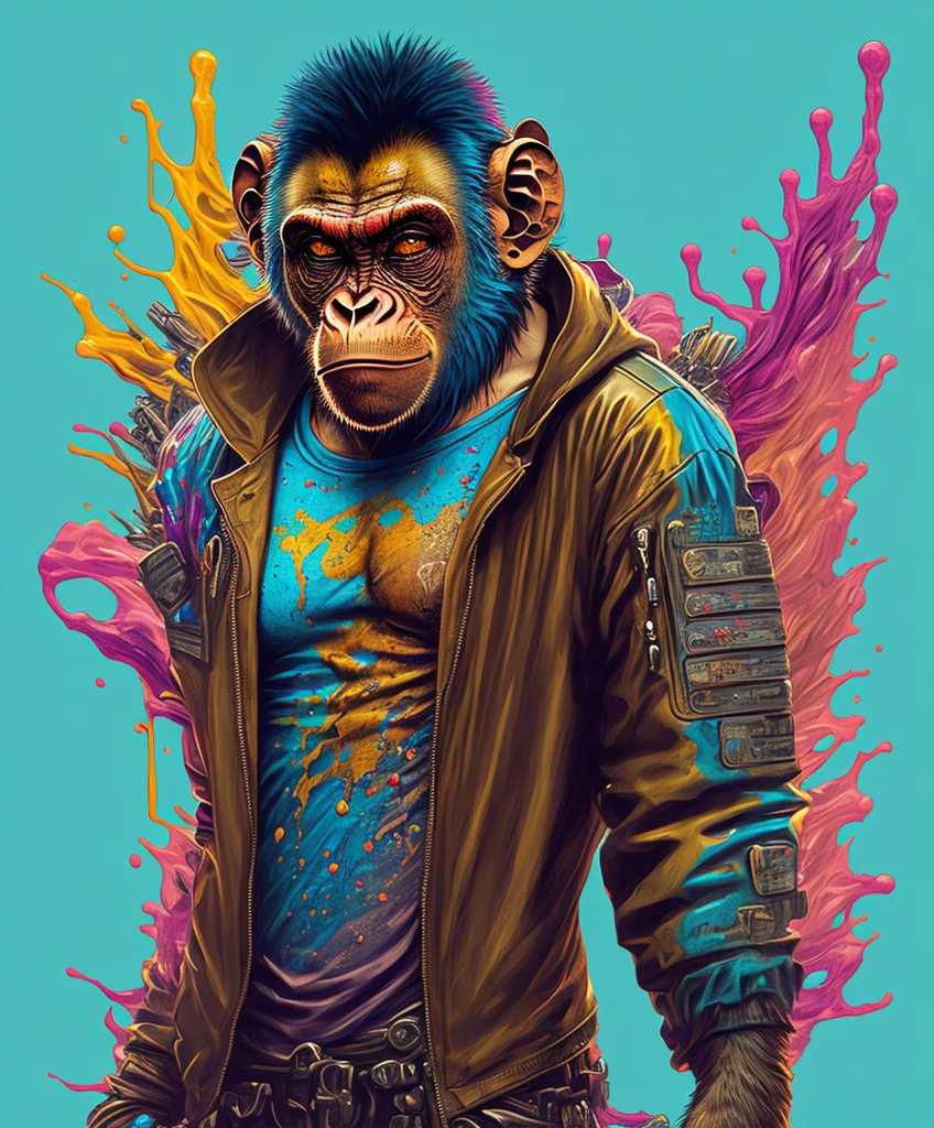 (a portrait of Cyberpunk Monkey with colored fluid), T-shirt logo in tapered thin outline style, spell view, artwork in (empty background:1.4)