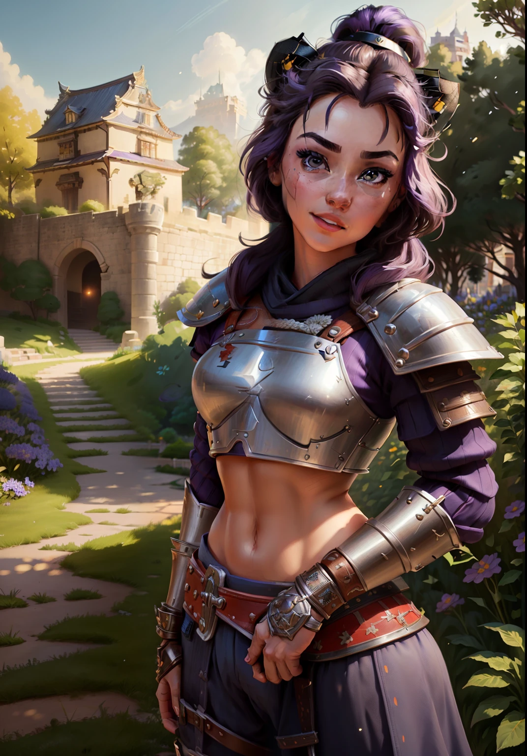 (BelleWaifu:1), (armure de chevalier:0.3), the jardin in the background, Surpris, Mignon, Mignon pose, (Flirt), Regarder le spectateur, (Coiffure carrée), (cheveux violets), (haut court de chevalier en métal sur corps nu dans le style samouraï:1.3), :D, (Réaliste: 1), (dessin animé), (chef-d&#39;œuvre: 1.2), (Meilleure qualité), (trop détaillé), (8k, 4k, complexe), (Prise de vue en pied: 1), (tir de cow-boy: 1.2), (85mm), particules légères, éclairage, (très détaillé: 1.2), (Visage détaillé: 1), (dégradés), SFW, Coloré, (yeux détaillés: 1.2), (paysage détaillé, des arbres, jardin, château:1.2),(contexte détaillé), paysage détaillé, (Angle dynamique:1.2), (pose dynamique:1.2), (règle troisième_Composition:1.3), (Ligne d&#39;action:1.2), grand angle de vue, lumière du jour, seulement
