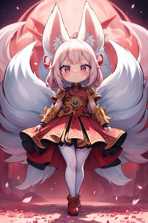 masterpiece, fantasy, best quality, anime style, wide-angle, full-body shot, front view, Tera Elin, an anime girl in a red dress and red boots, Sakura Kinomoto, Sakura petals around her, kitsune-inspired armor, crimson-themed, white, and red armor, spellca...