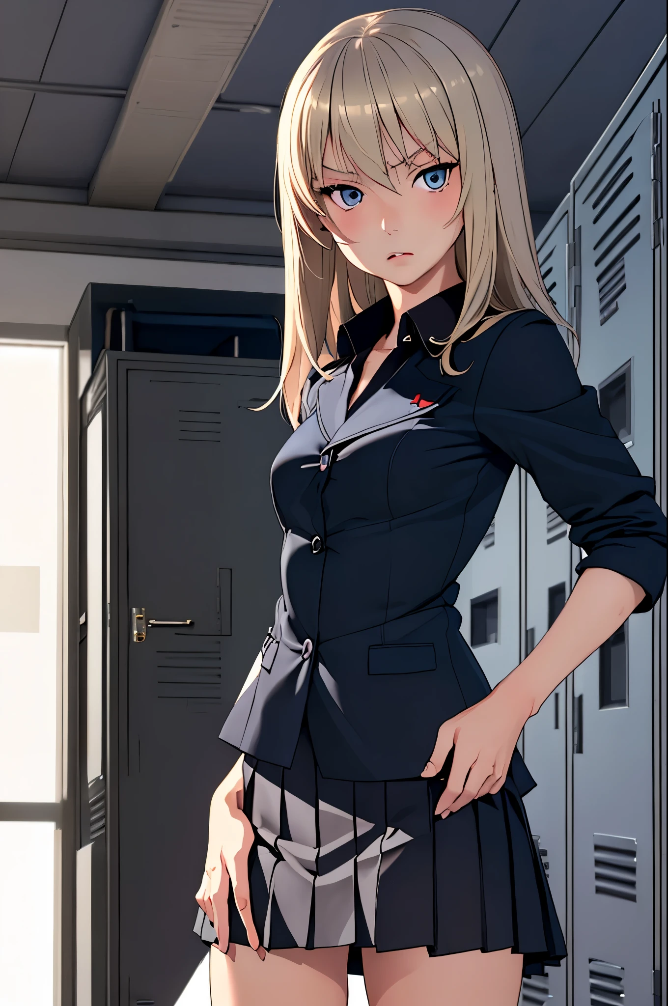 masterpiece, best quality, Itsumi Erika, 1girl, ashen blonde hair, blue eyes, solo, small breasts, naked body, skirt, topless, black jacket, shirt opened, standing frontally, looking at viewer, expressionless, whole body can be seen, school locker room, detailed hands, five fingers