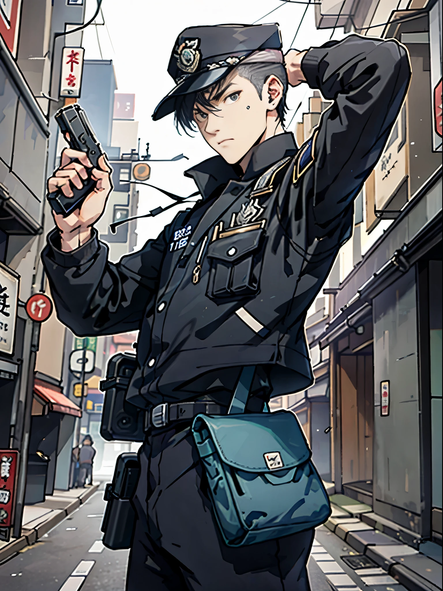 Ridiculous resolution，A high resolution，（tmasterpiece：1.4），Hyper-detailing，Young man，holding a pistol，routine patrol , Japanese Police officer, tokyo street, The expression is serious, glock17, solo