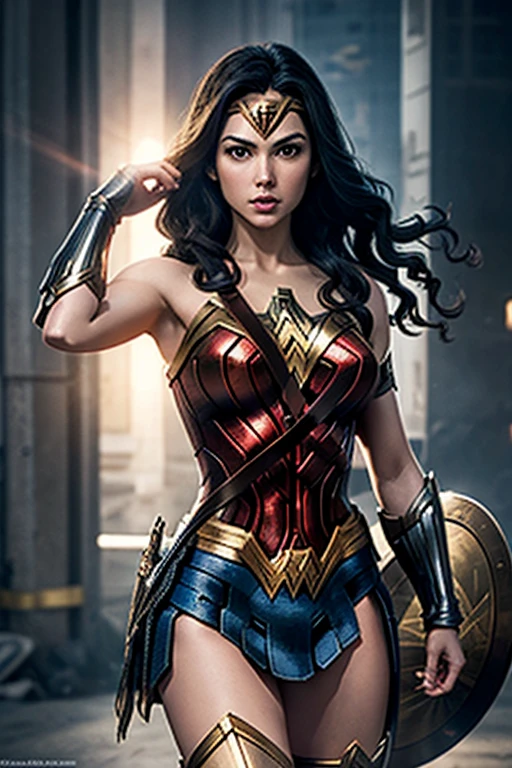 Design an image of Wonder Woman in her armored Justice League outfit