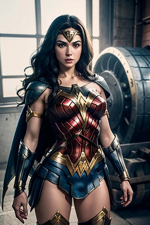 Design an image of Wonder Woman in her armored Justice League outfit