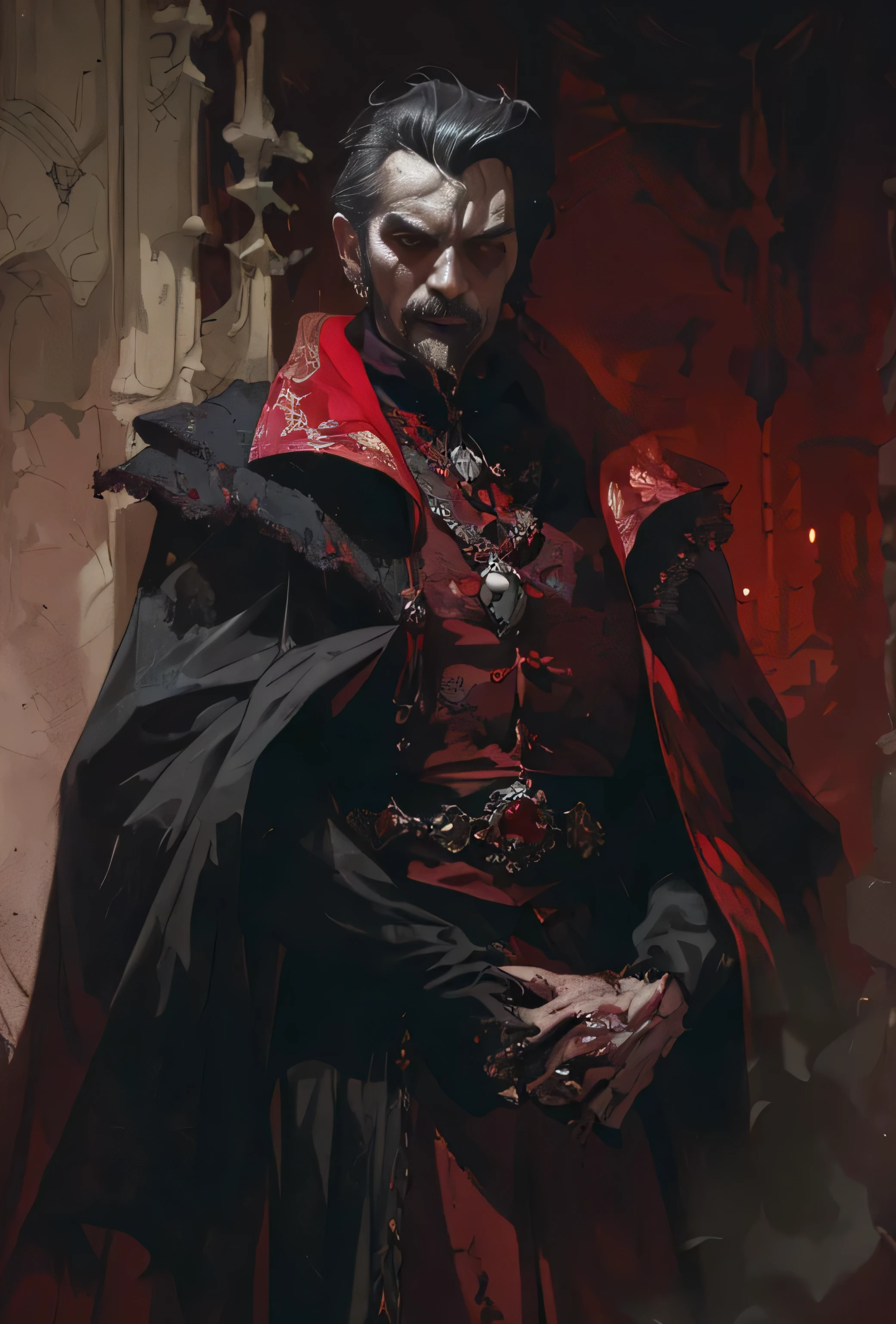 puffy image of a man dressed in a red robe and black gloves, vampire lord, portrait of a red sorcerer, tuomas korpi and wlop, Count Dracula, style by Raymond Swanland, portrait of the sinister professor, dark fantasy concept art, Guillem H. pongiluppi, male vampire from the banu haqim clan, vampire portrait, close-up of a vampire with blood on his face, count Dracula, vampire portrait, male vampire, old male vampire, scary vampire, vampire lord, victorian vampire, Dracula, Portrait of a vampire, vampire costume, dark fantasy horror art, horror fantasy art, dark vampire, fantasy horror art, handsome male vampire